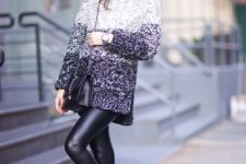 With two colored knitted long sweater, black bag, black leather leggings and black flat ankle boots