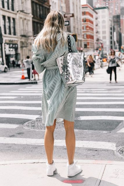 With white and green striped belted knee-length dress and white sneakers