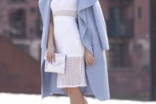 With white lace dress, light blue midi coat and white pumps