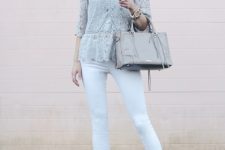 With white leggings, sunglasses, light gray leather bag and gray lace up high heeled shoes