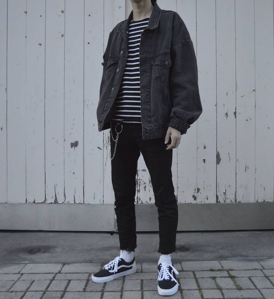 a back to school look with a striped t-shirt, an oversized graphite grey denim jacket, black skinnies, black vans sneakers and white socks