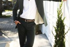 a black pantsuit with a white shirt are a classic combo for a special occasion, add color with a brown belt and shoes