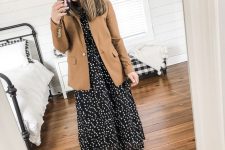 a black polka dot midi dress, black boots, a beige blazer for a comfy and feminine fall look