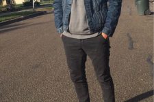 a grey hoodie, a blue denim jacket, graphite grey joggers, white sneakers for a stylish and simple everyday look
