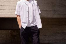 a summer minimalist men outfit with a white t-shirt