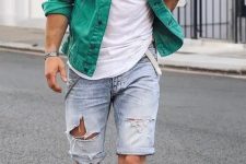 a cool summer men’s look with a colorful denim jacket