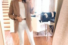 a timeless look with a white t-shirt, white jeans, nude shoes, a beige plaid blazer and a watch is a great idea for work