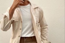 a white t-shirt, a creamy linen jacket, taupe pants for an easy everyday look in spring or summer