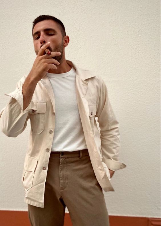 a white t-shirt, a creamy linen jacket, taupe pants for an easy everyday look in spring or summer