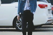 an everyday double denim outfit with a white tee, a blue cropped denim jacket, black jeans, white trainers