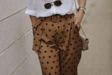 13 a simple and lovely summer outfit wiht a white linen shirt, rust-colored polka dot trousers and layered necklaces will fit an office