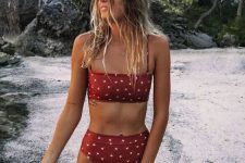 17 a cute printed red minimalist bikini with a top with spaghetti straps and a high waisted bottom is a lovely idea for going to the beach