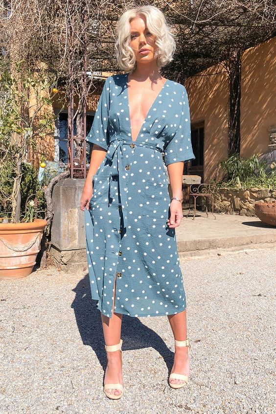 a green polka dot midi dress with a plunging neckline, ankle strap shoes are a cool combo for summer