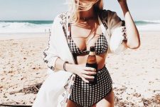 24 a lovely retro-inspired black and white checked swimsuit wiht a bra and a high waisted bottom, a boho cover up and a lovely hat