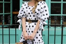 27 a white polka dot midi dress, a black belt, a woven bag and a straw hat are a cool and pretty solution for summer