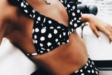 29 a timeless black and white polka dot bikini with a high waisted bottom and a ruffle top is a chic idea