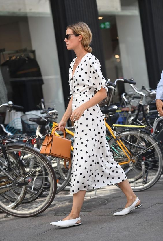 a white polka dot wrap midi dress with bow sleeves, white slingbacks and an amber handbag are a great combo for summer