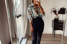 33 an elegant career look with a printed shirt, navy pants, yellow logo shoes is a great idea for spring to summer period or cold summer days