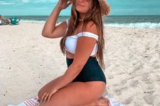 35 a romantic beach look with a white off the shoulder top and a black high waisted bottom plus a straw hat
