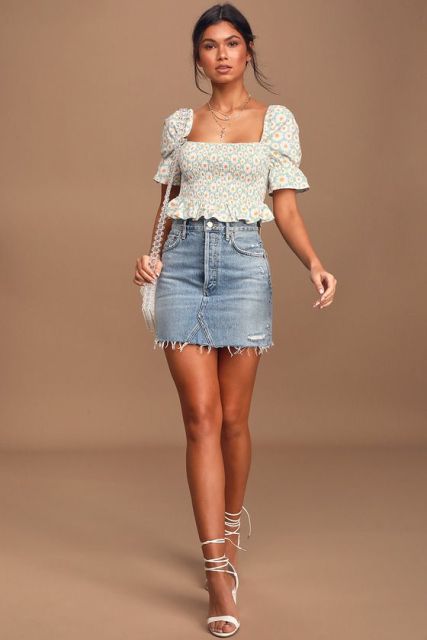 With blue denim high-waisted mini skirt, white bag and white lace up sandals