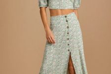 With floral printed button front midi skirt and lilac leather mules