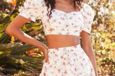 With white and pink floral printed high-waisted mini skirt