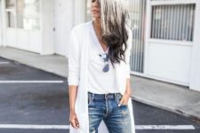 With white shirt, sunglasses, distressed cuffed jeans and white pumps