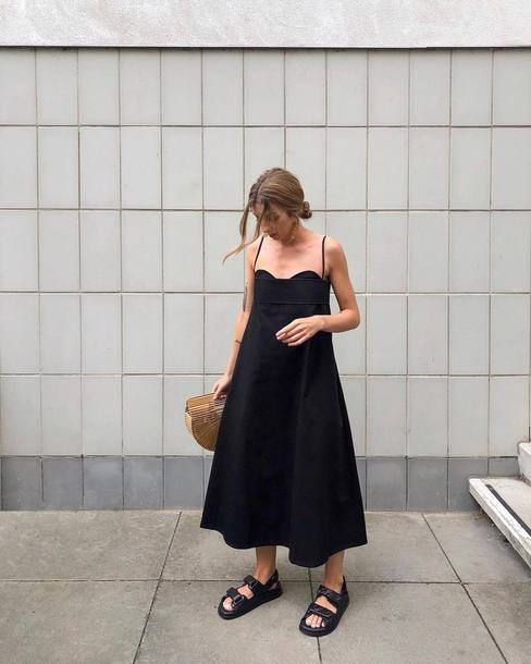 a chic summer outfit with a minimalist midi dress with spaghetti straps, dad sandals, a wooden bag is amazing