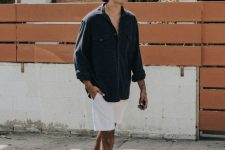 a comfy casual summer date look with an oversized black linen shirt, white linen shorts, white sneakers and a neutrla baseball cap