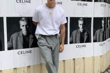 a minimalist summer date look with a white t-shirt, grey trousers and white sneakers is a lovely idea to try