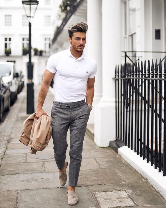 a more elegant summer date outfit with a white polo shirt, grey pants, tan loafers and a tan jacket in case it gets cold