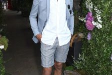 a refined summer date outfit with a white shirt, grey checked shorts, a blue blazer, navy slipons is comfy at the same time