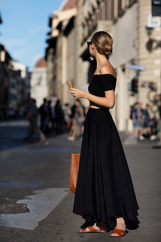 a romantic summer outfit with an off the shoulder top, a pleated midi skirt, brown slides and a matching leather tote