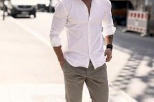 a simple summer date outfit with a white shirt, grey trousers, white sneakers is a cool idea for many other occasions, too