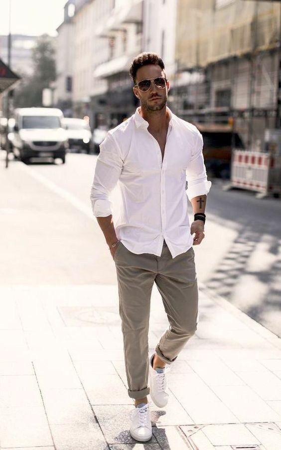 a simple summer date outfit with a white shirt, grey trousers, white sneakers is a cool idea for many other occasions, too