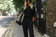 a summer outfit for a chilly day, with a black long sleeve top, linen pants, grey birkenstocks and a grey and black tote bag