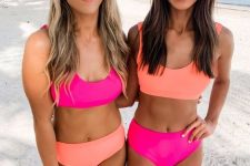 bright bikini looks with neon orange bottom and top and hot pink bottom and top – swap your pieces with friends