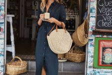 11 a comfortable black linen midi shirtdress with neutral buttons and a sash, white sneakers, a woven round bag