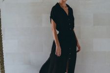 13 a simple and lovely summer look with a black midi A-line linen dress and neutral buttons and short sleeves, black lace up shoes