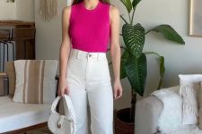 19 a simple summer work look with a fuchsia sleeveless top, white high-waisted flare jeans, white sneakers and a white bag
