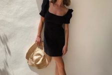 35 a lovely summer date look with a black mini dress with a square neckline, short sleeves, strappy sandals and a straw hat