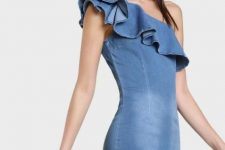 Blue ruffled one shoulder fitted mini dress