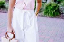 With earrings, white linen belted culottes and beige and brown bag