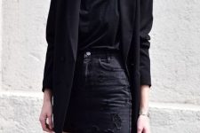 a black t-shirt, a black oversized blazer, a black denim mini are a perfect monochromatic combo you can never go wrong with