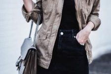 a black top, a black denim mini, a neutral denim jacket and a tan bag are a simple and monochromatic combo for summer