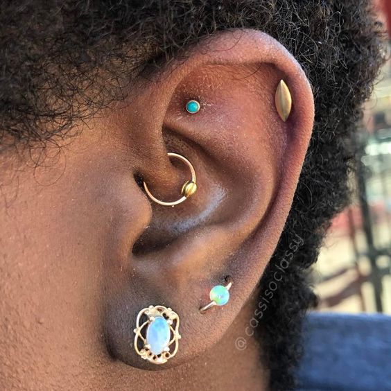 a bold ear with a faux rook, a helix, a daith, a lobe and an orbital piercing done with a set of earrings and studs