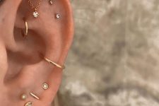 a chic boho-inspired ear look with a rook, hidden helix, a couple of flat, several lobe and a conch piercing, all done with hoops and studs