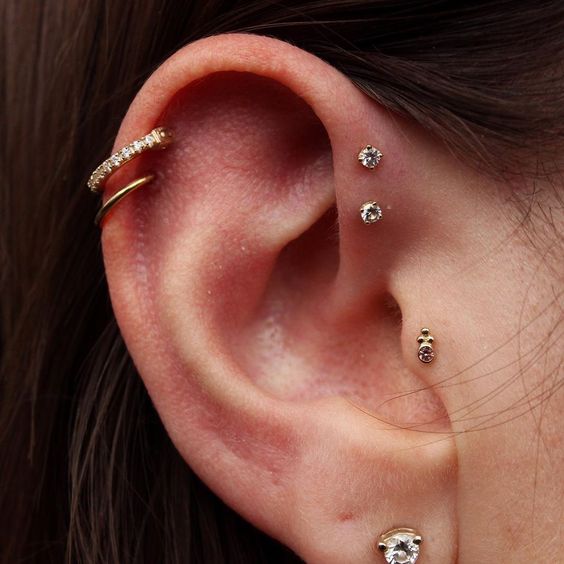 a chic ear look with a double forward helix, a tragus and a double helix piercing all done with gold hoops and studs