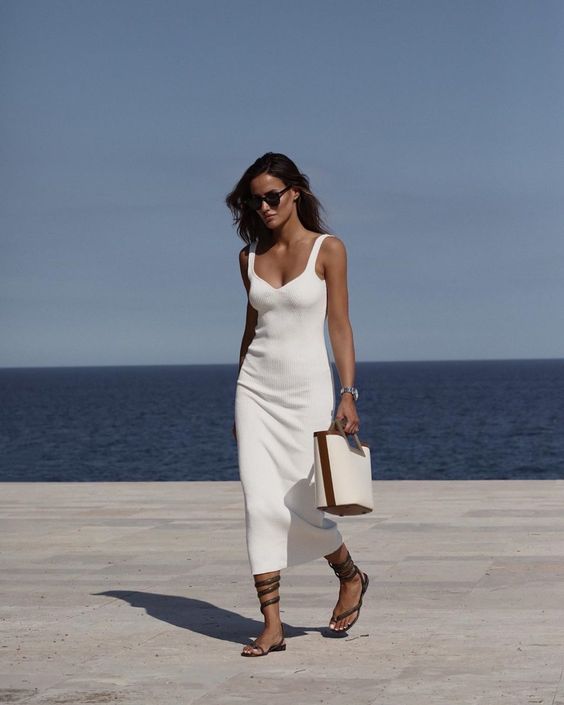 a coastal look with a white midi tank dress, a two tone bag and lace up sandals is amazing