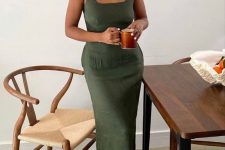a green maxi linen tank dress with a square neckline is a perfect solution for a hot summer day, this fabric will keep you cool